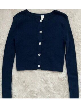 NWT Ron Herman Cropped Ribbed Cardigan in Navy size M, MSRP $350